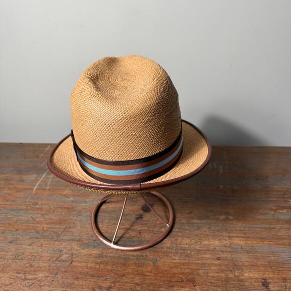 Cha Cha's House of Ill Repute Woven Fedora with Leather trim Brown Blue Ribbon - Picture 2 of 9